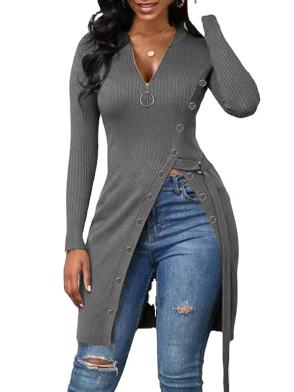 Women's V-Neck Long Sleeve High Slit Thread Zipper T-Shirt