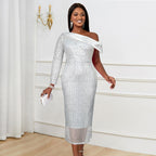 Light Luxury One Shoulder Sleeve Christmas Eve Sequ High Dress