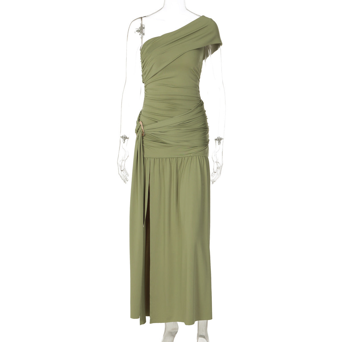 Olive green strapless maxi dress on mannequin, ruched bodice and tiered skirt