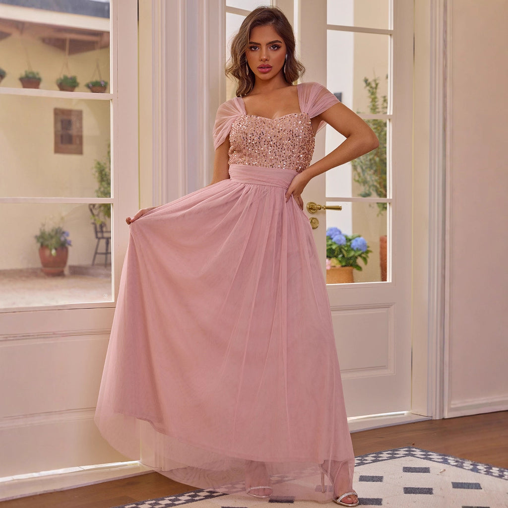 Sequin V-Neck Short-Sleeve A-Line Maxi Dress