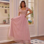 Sequin V-Neck Short-Sleeve A-Line Maxi Dress