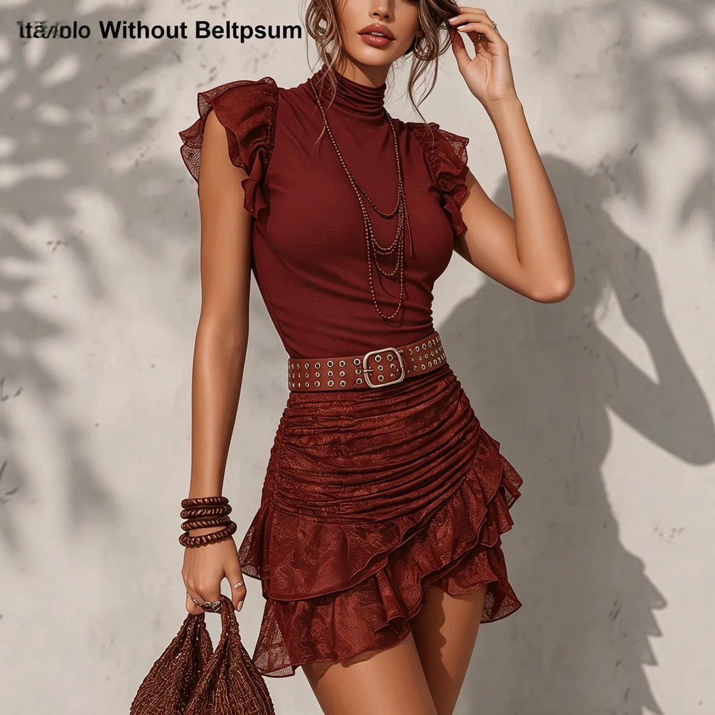 Ruffles Two Piece Turtleneck Top with Pleated Lace Skirt (Excluding Belt)