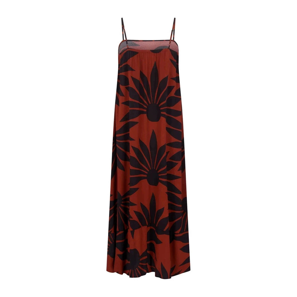 Floral cami maxi dress with spaghetti straps, red-orange and dark pattern