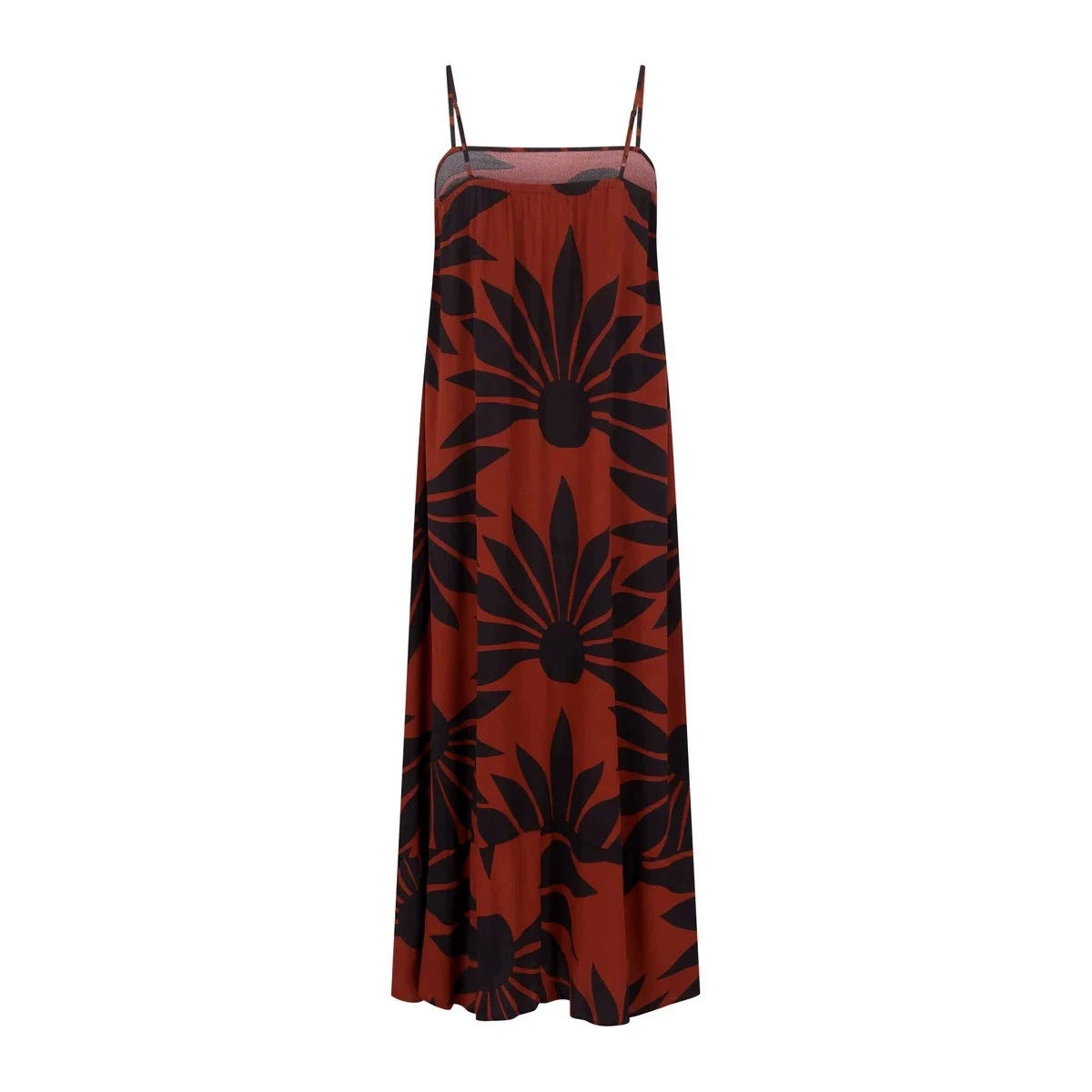 Floral cami maxi dress with spaghetti straps, red-orange and dark pattern