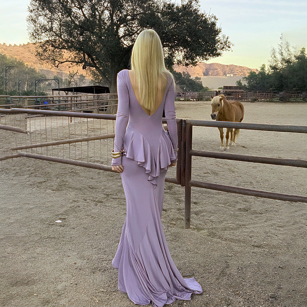 Backless Ruffle Split Long-Sleeve A-Line Maxi Dress