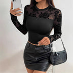 Solid Lace Patchwork Fitted Long Sleeve Top
