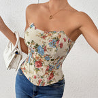 's French Retro Floral Print Tube Top Niche Boning Corset