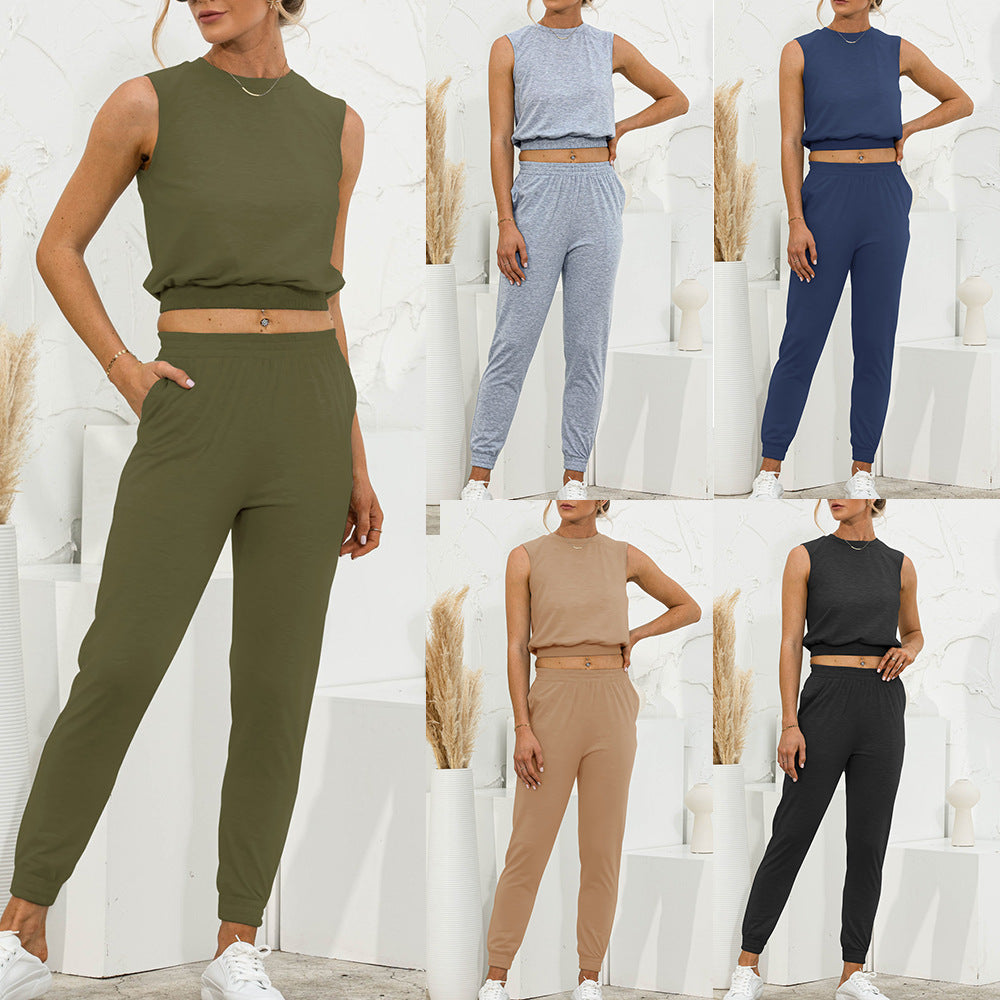 Summer New Solid Color Sleeveless Slim Casual Suit Set