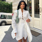 French Stand Up Collar Long Sleeved Dress Irregular Asymmetric Hem High