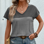 V-Neck Striped Patchwork Top