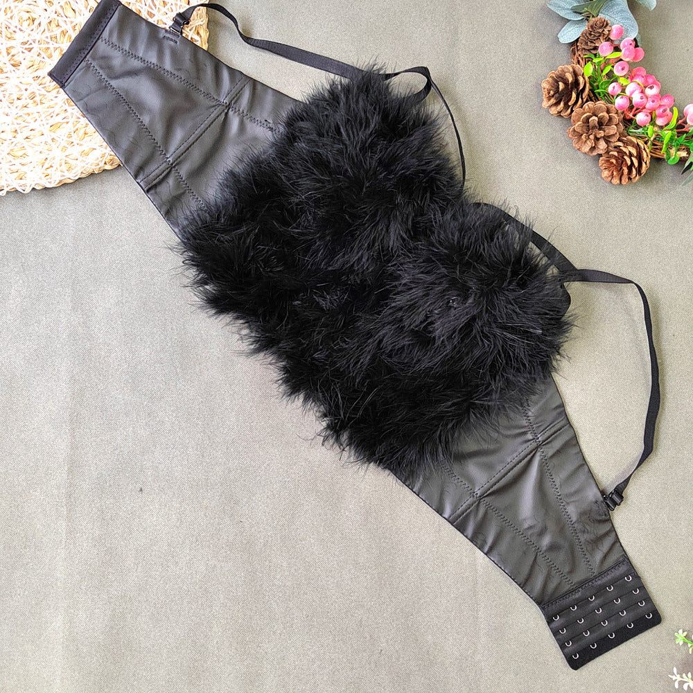 's Ostrich Feather Stitching Leather Spaghetti Straps Outerwear