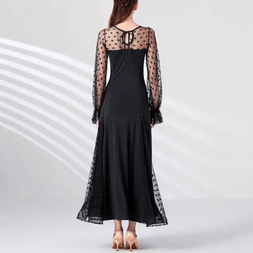 Elegant Women Polka Dot Lace Stitching Long Sleeve Dress Lantern Sleeve Polka Dot Stitching Split Dress