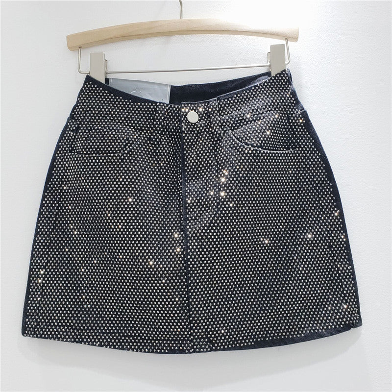 【moq-5 Packs】 Summer Heavy Embroidery Drilling Denim Skirt