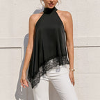 Women's Satin Halter Lace Asymmetric Top