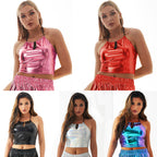 Series Neck Tube Top Backless Metal Patent Leather Sling Slim Vest