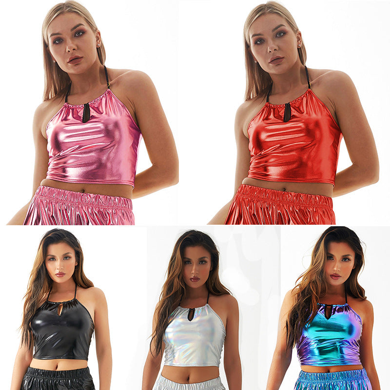 Series Neck Tube Top Backless Metal Patent Leather Sling Slim Vest