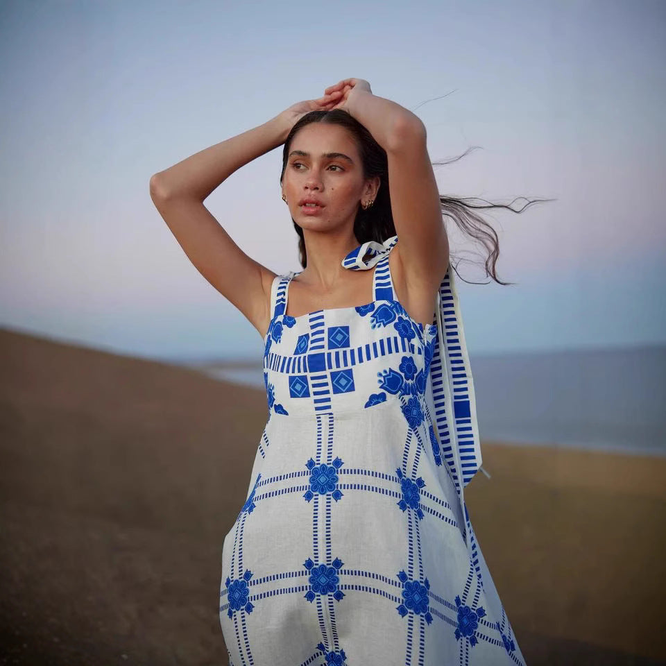 Women's Summer Vacation Halter Spaghetti Straps Maxi Dress Sleeveless Printed Dress