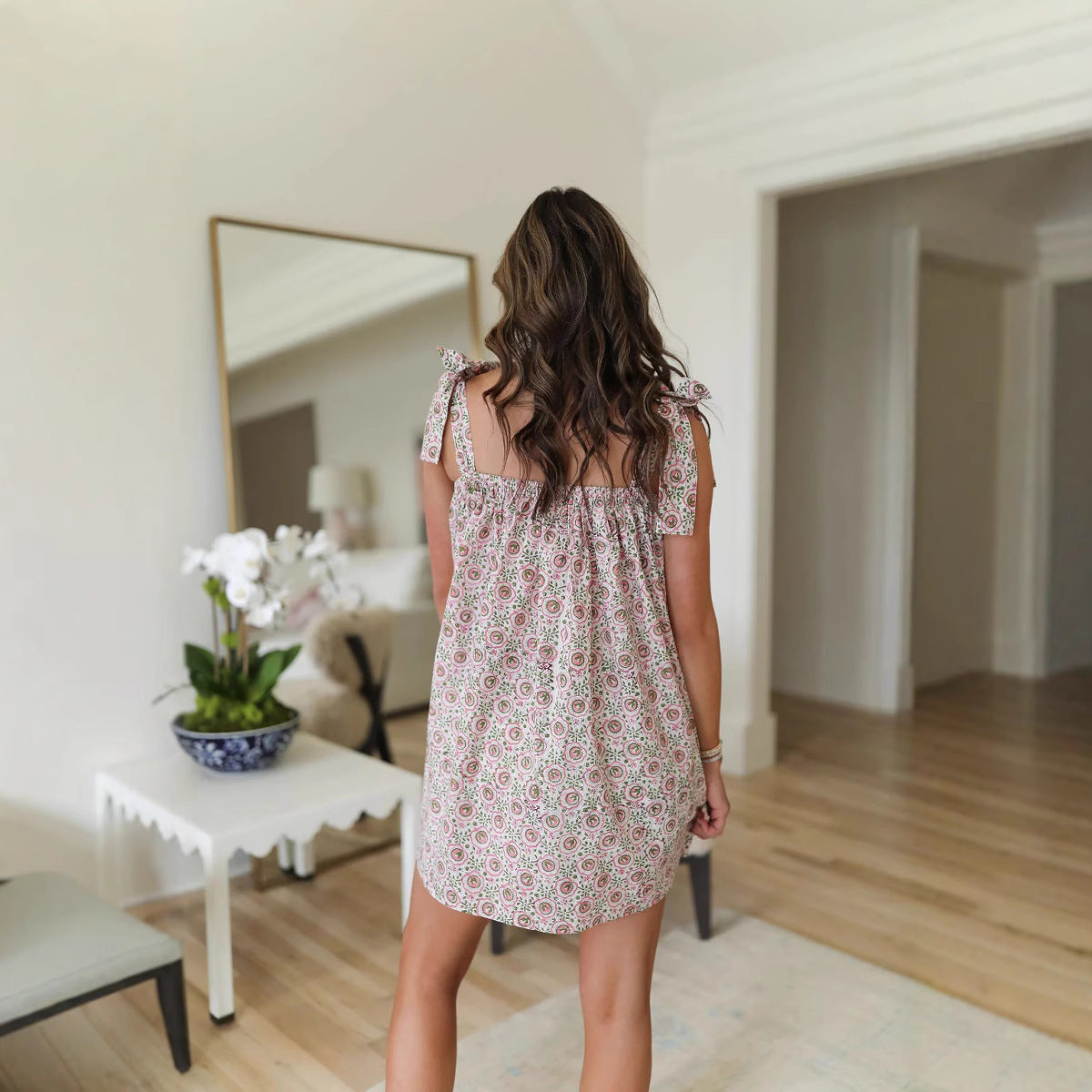 Women's Spring Summer French Vintage Floral Printed Loose Casual Strap Dress