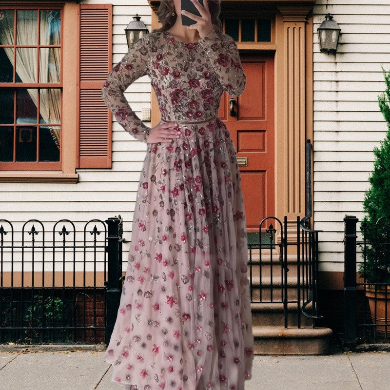 Women’s floral long-sleeve maxi dress with cinched waist and full gathered skirt, multi