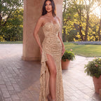 Women's Champagne Gold Sequin Strapless Maxi Dress