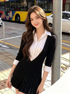 Women's Collared Pleated Two-Piece Dress Set
