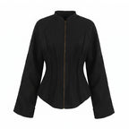 Black Stand Up Collar Woolen Coat Long Sleeve Zipper Pleat Waisted Sense Of