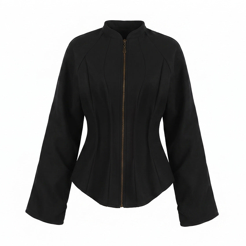 Black Stand Up Collar Woolen Coat Long Sleeve Zipper Pleat Waisted Sense Of