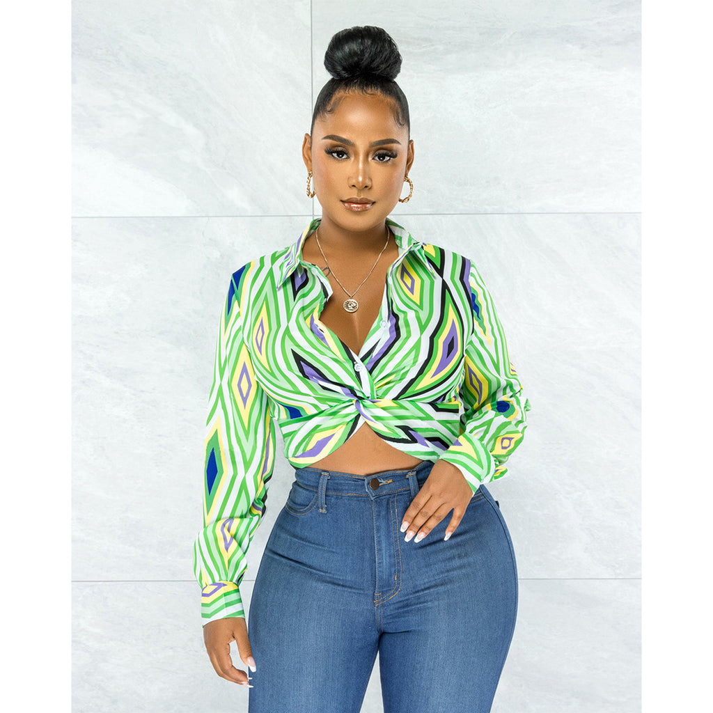 Women's Clothing Geometry Pattern Printed Twist Button Shirt Top