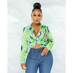 Women's Clothing Geometry Pattern Printed Twist Button Shirt Top