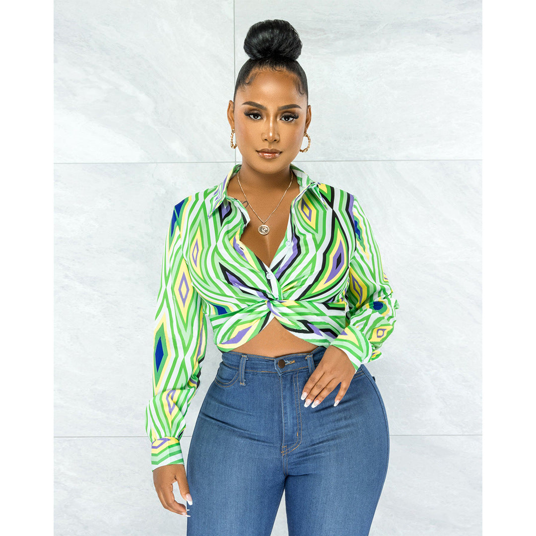 Women's Clothing Geometry Pattern Printed Twist Button Shirt Top