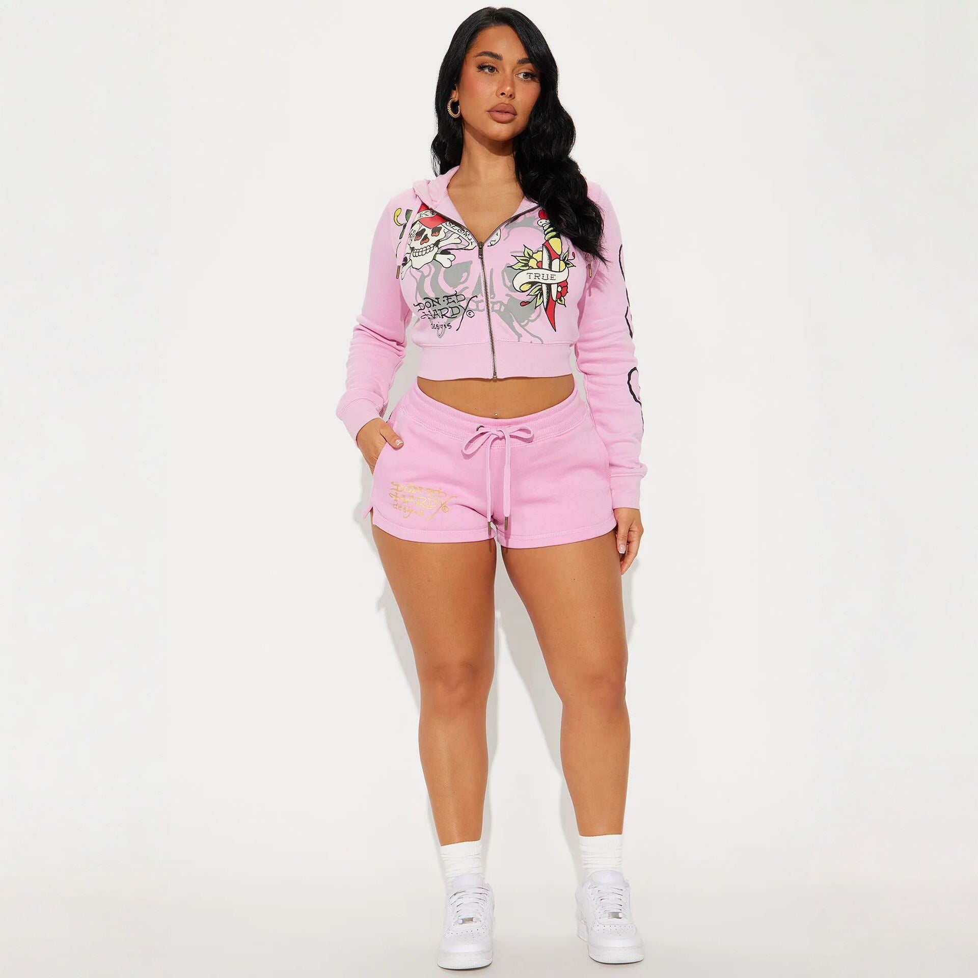 Vintage Printed Casual Sports Long Sleeve Coat Lace up Shorts Sets