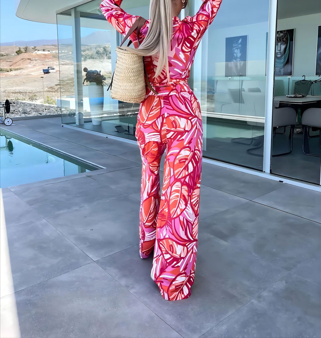 Set Lace-Up Printed Long Sleeved Top Pocket Trousers