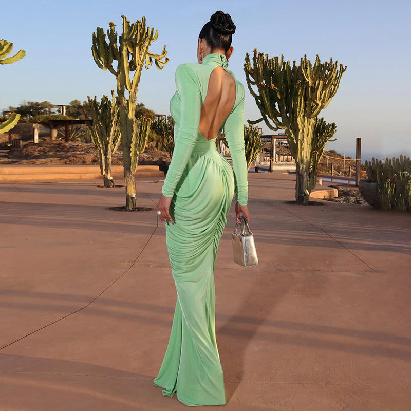 Solid Color Turtleneck Backless Stitching Pleated Dress