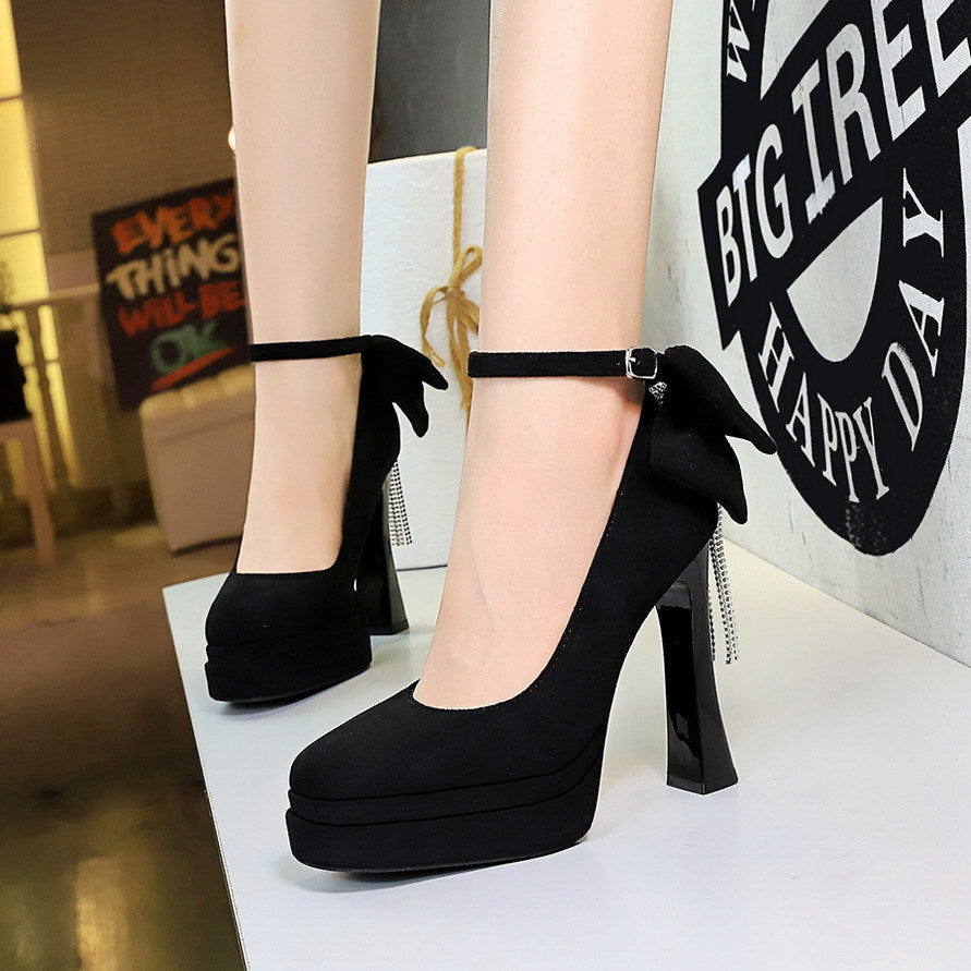 Women's Black Platform High Heels With Back Bow Detail