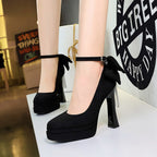 Women's Black Platform High Heels With Back Bow Detail