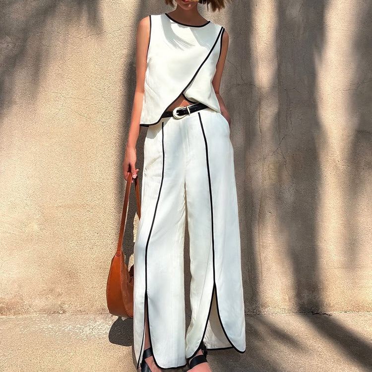 Women's Contrast Color Vest Women Cross Design Round Neck Sleeveless Top Split Trousers Two Piece Set