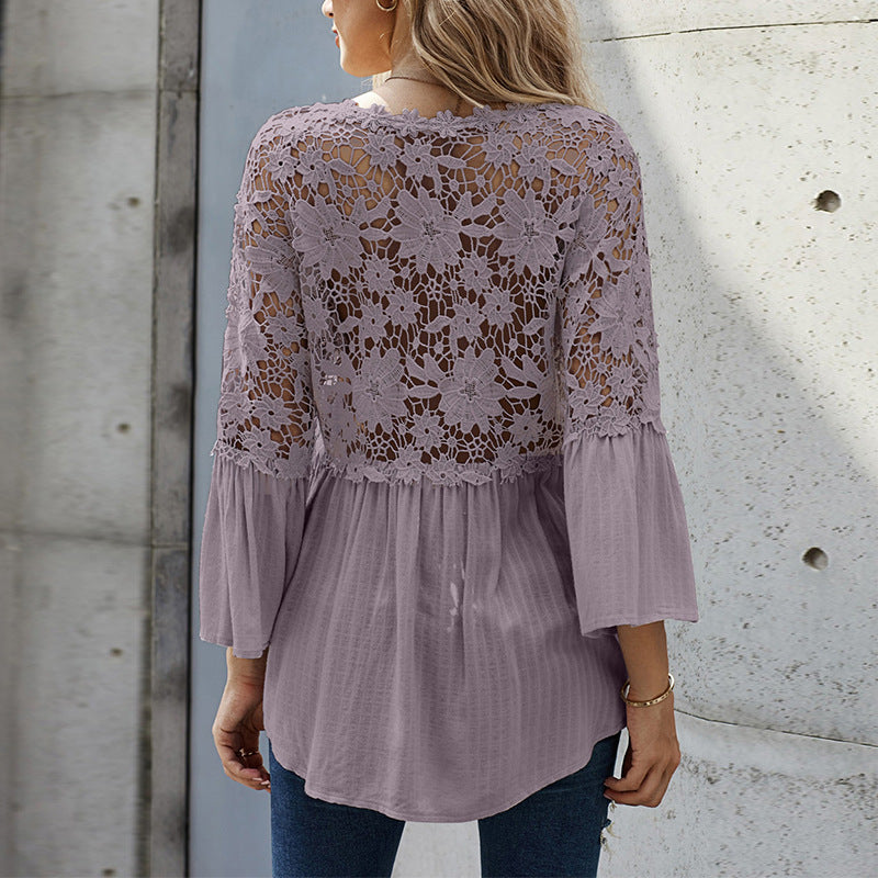 Women's Shirt Solid Color V Neck Single Breasted Shirt Long Sleeve
