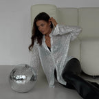 Women's Spring Summer Sequin Top Collared Long Sleeve Cardigan Basic Women Clothing Shirt