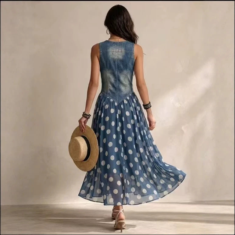 Women Casual Printing Imitation Denim Jacket Polka Dot Skirt