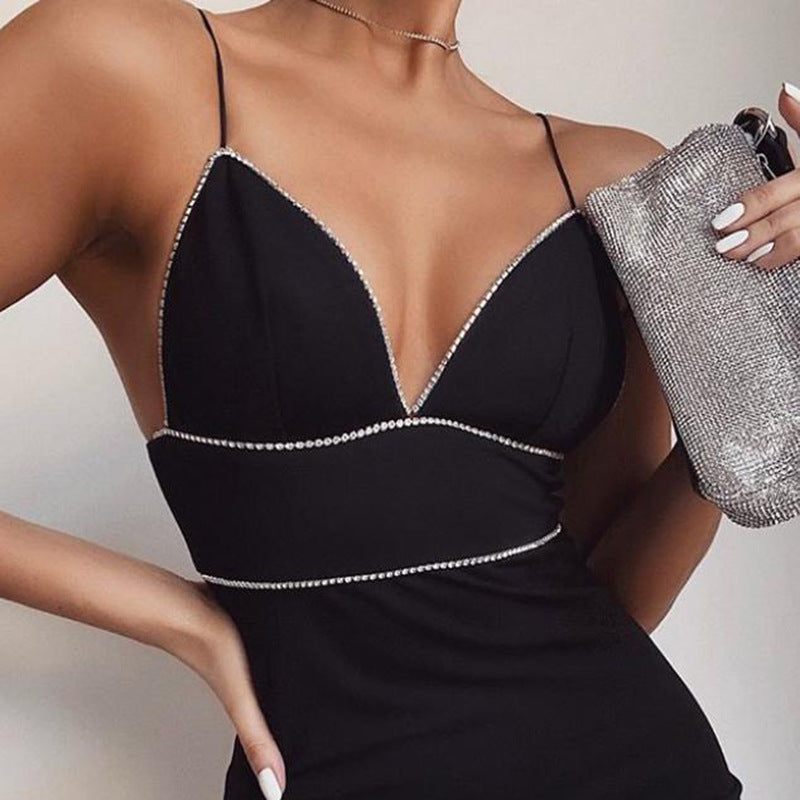 Women's Satin Rhinestone Backless Mini Dress