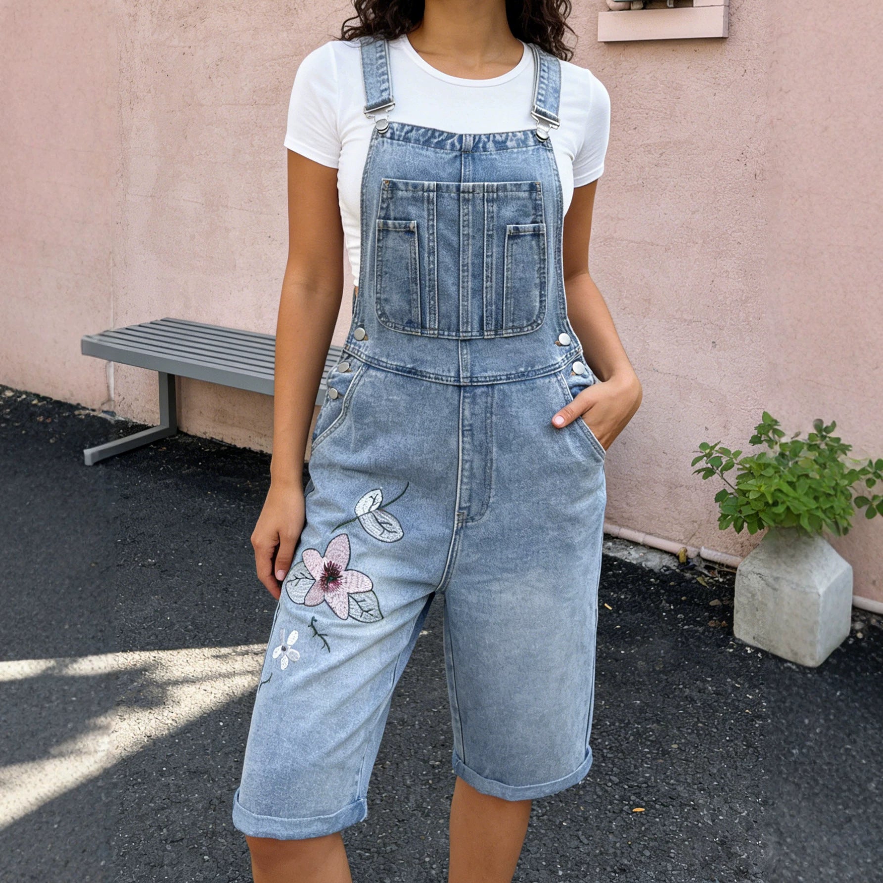 Suspender Pants Summer Exquisite Embroidered Floral Denim