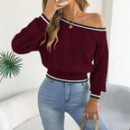 Women's Contrast-Color Off-Shoulder Cropped Sweater