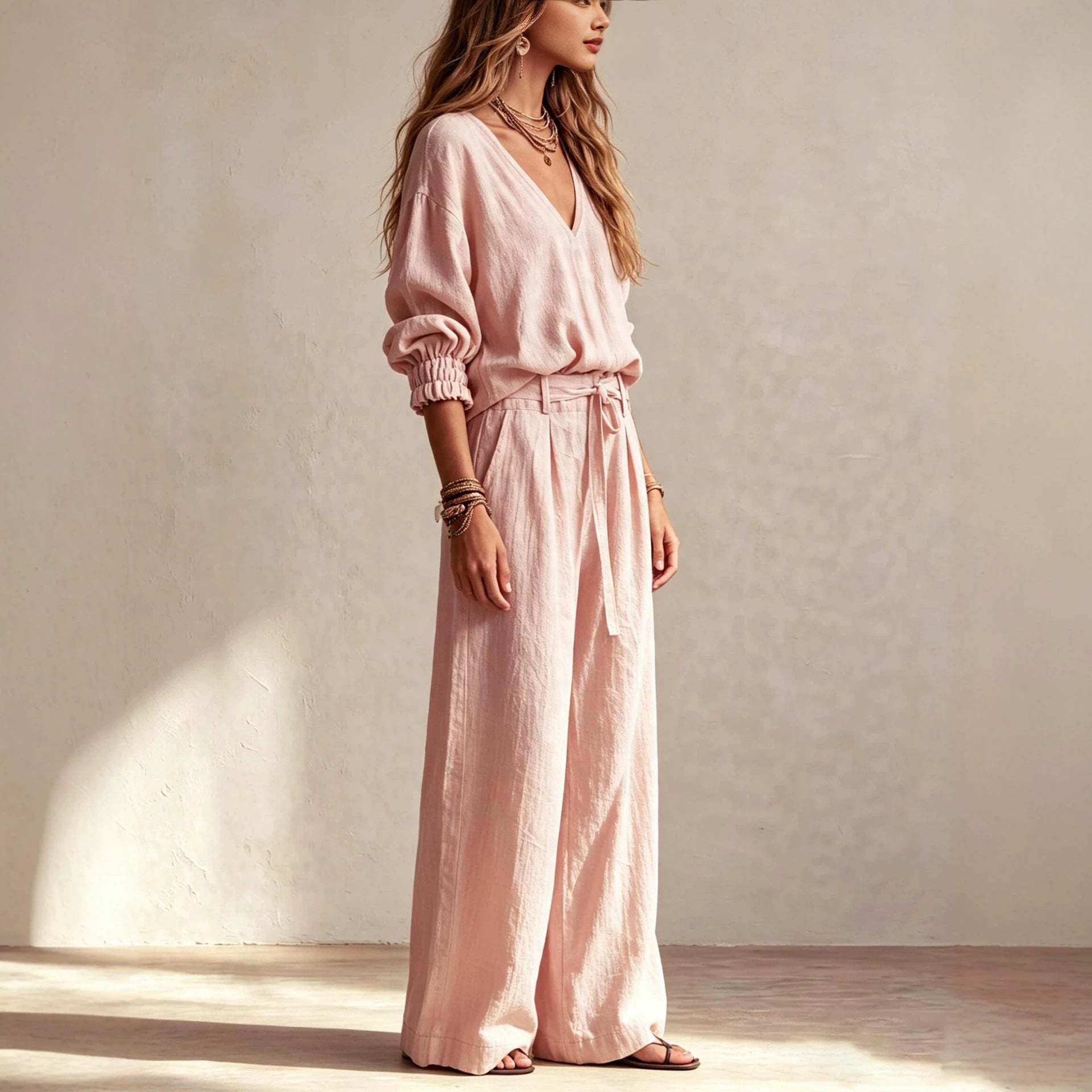 Women's Linen V-Neck Top & Trousers Set