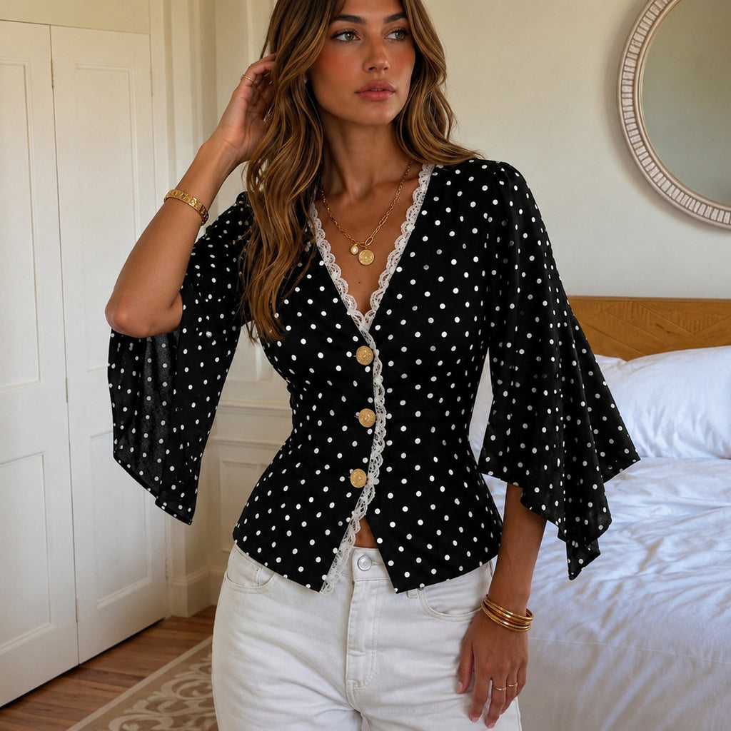 V Collar Polka Dot Top Single Breasted Office Waist Tight