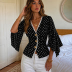 V Collar Polka Dot Top Single Breasted Office Waist Tight