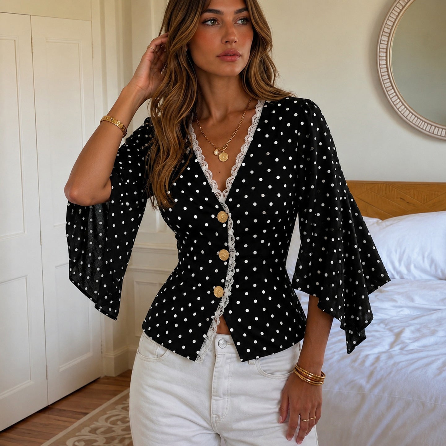 V Collar Polka Dot Top Single Breasted Office Waist Tight