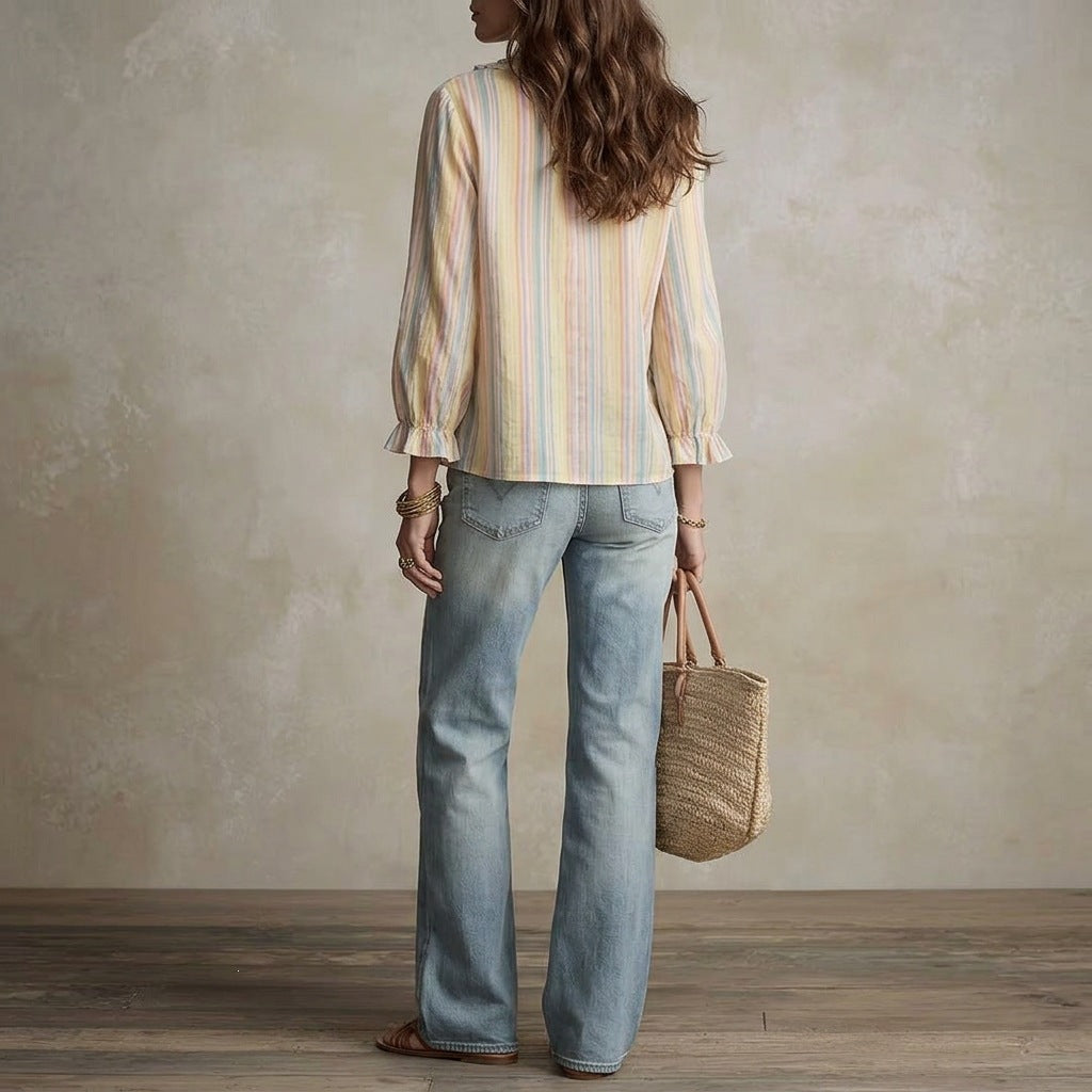 Women's Striped Ruffle V-Neck Blouse