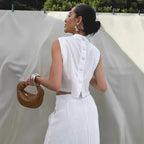 Women's White Cotton Linen Top and Skirt Two-Piece Set