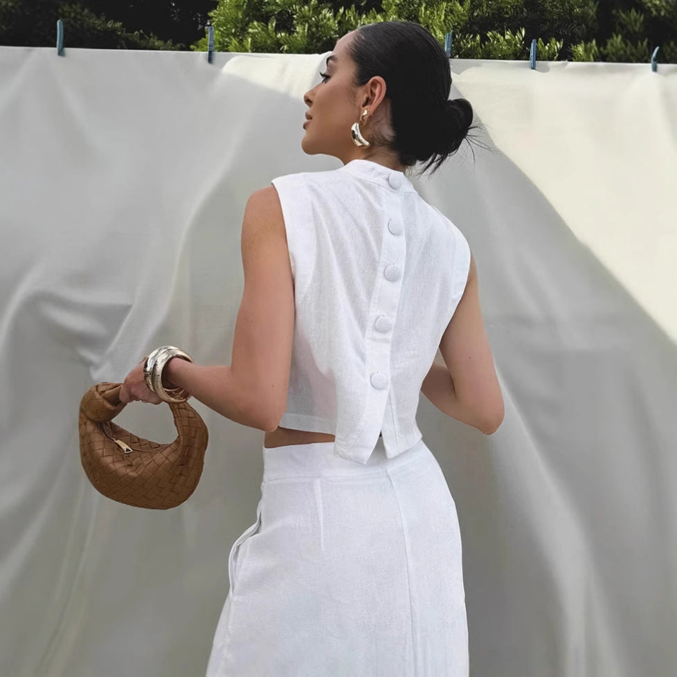 Women's White Cotton Linen Top and Skirt Two-Piece Set