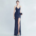 Women's Sequin Binding Waist Shaping Side Slit Elegant Evening Dress